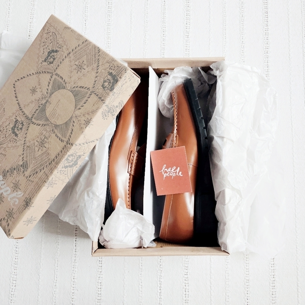 Free People Leather Penny Loafers Liv Slip On Chunky Brown Neutral Size 10 NIB - Picture 5 of 16
